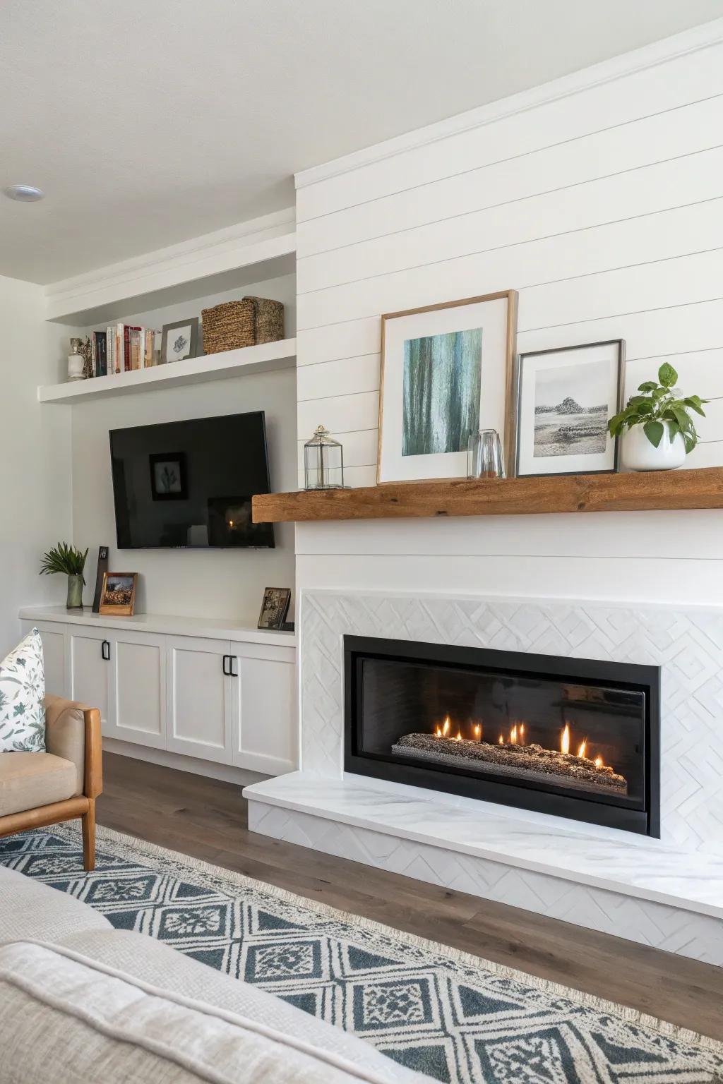 Add a floating shelf for fashionable display over your fireplace.