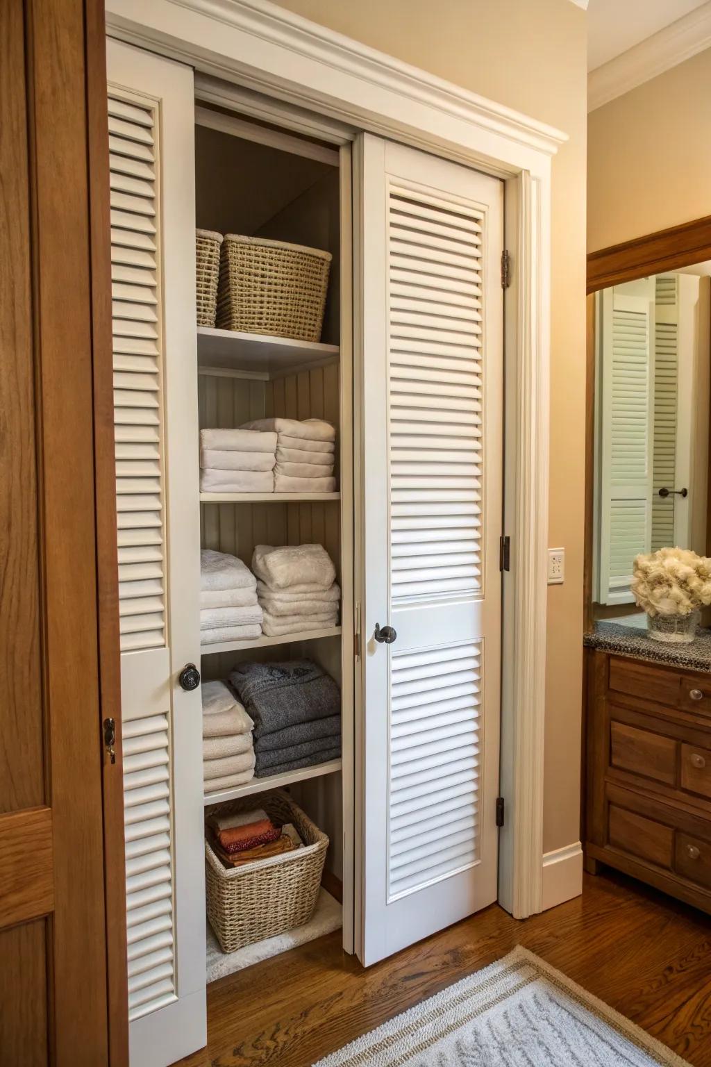 Slatted entries delivering air circulation and timeless design for a linen storage.