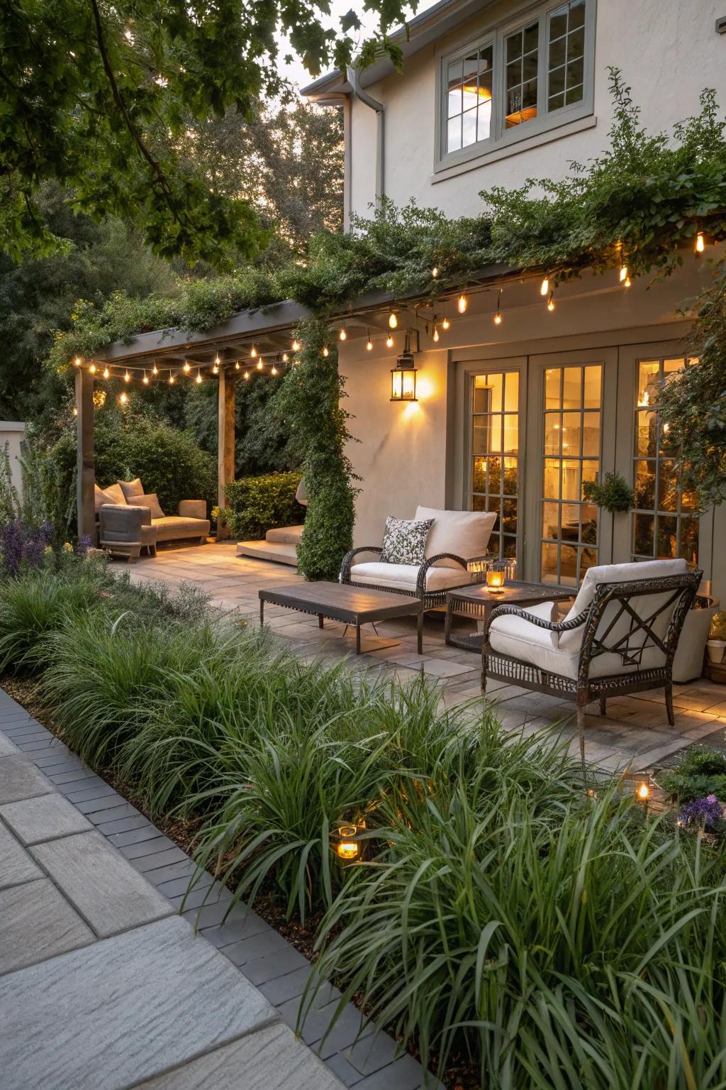 A patio framed by Whispering Grass, seamlessly merging indoor and outdoor lifestyles.