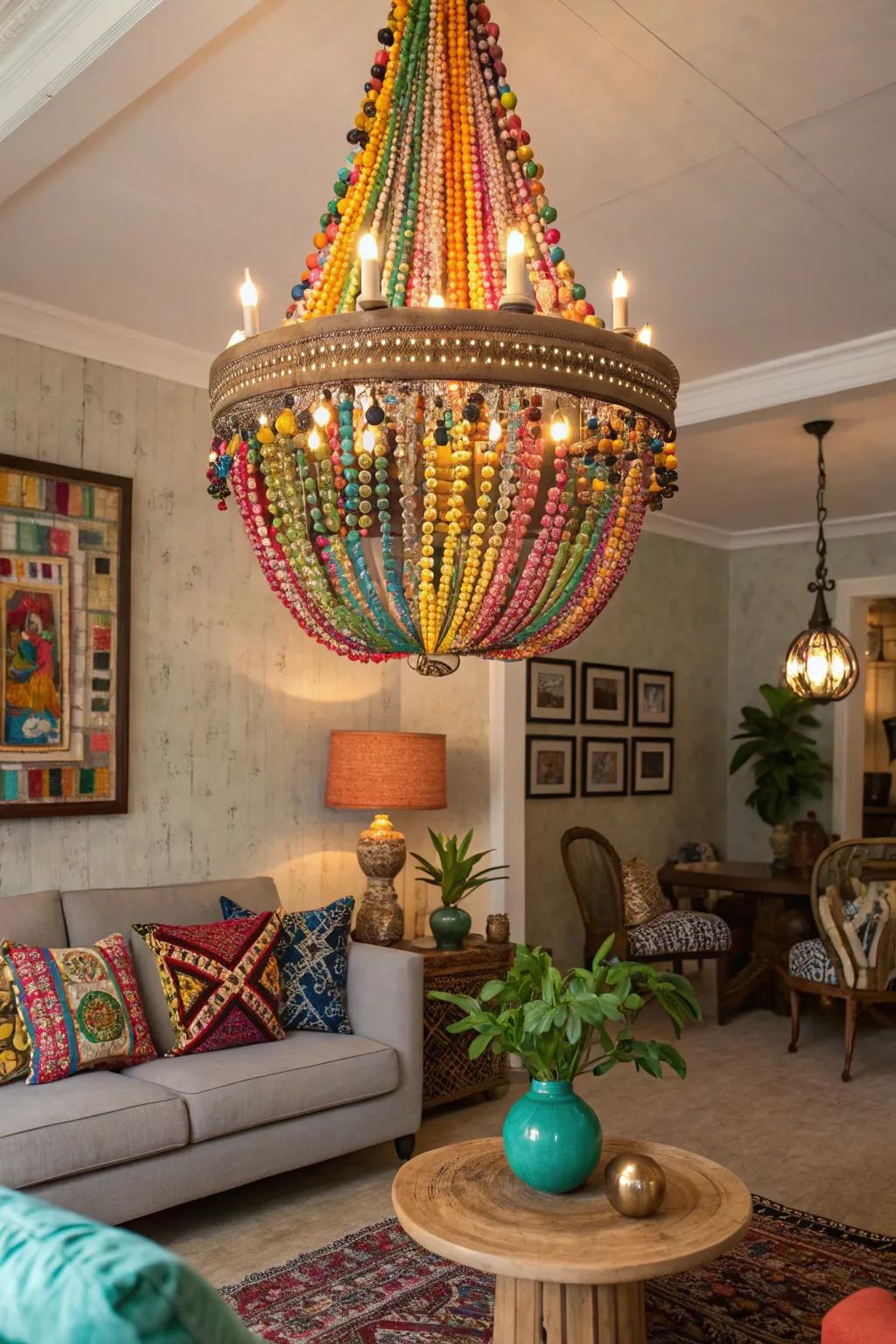 An eclectic living room with a stranded chandelier featuring colorful strands.