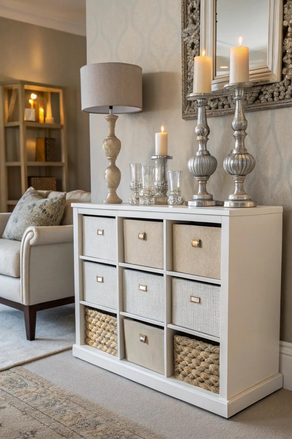 Elegant accents atop cube storage add a touch of sophistication.