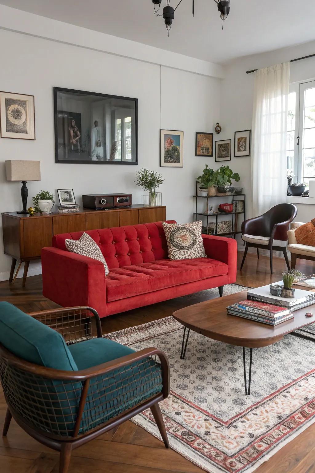 A harmonious and intriguing living room setup is achieved through a diverse furniture assortment.
