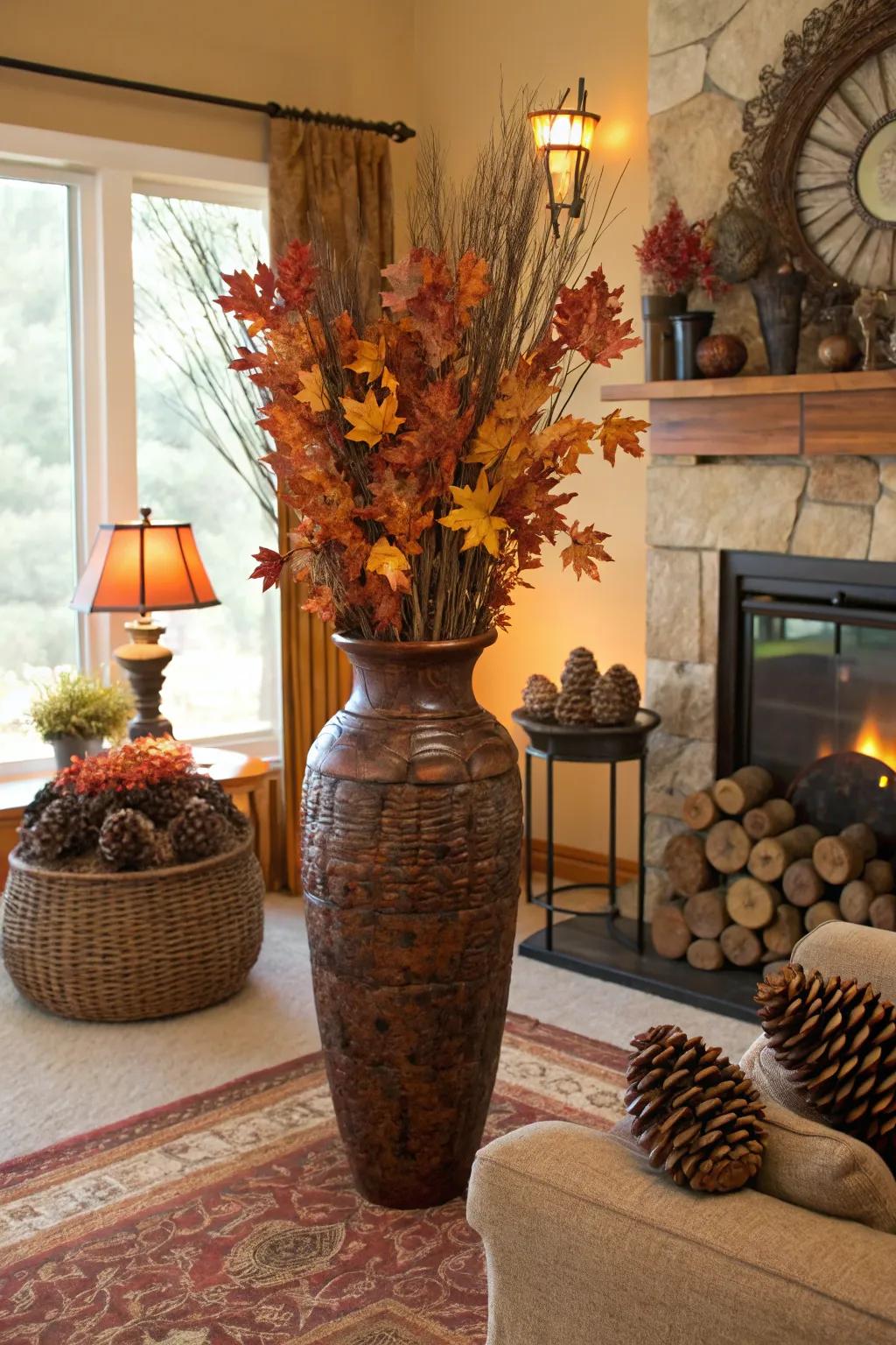 Seasonal touches like pinecones and colorful leaves transfer the enchantment of fall into your living space.