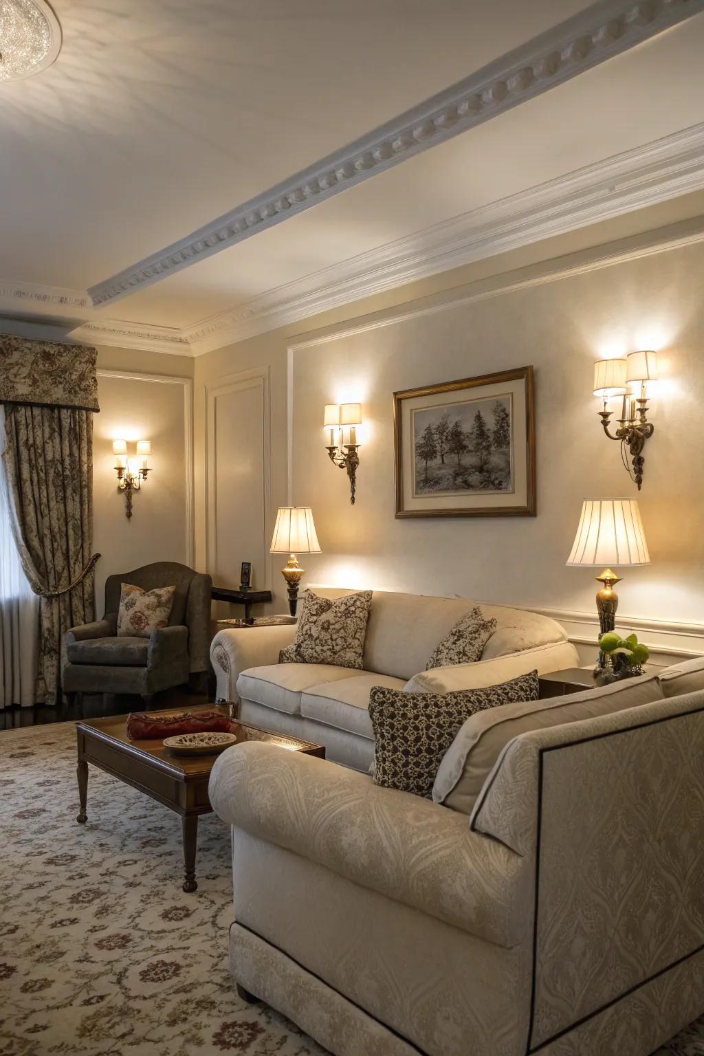 Wall lights add a cozy glow and emphasize architectural features.