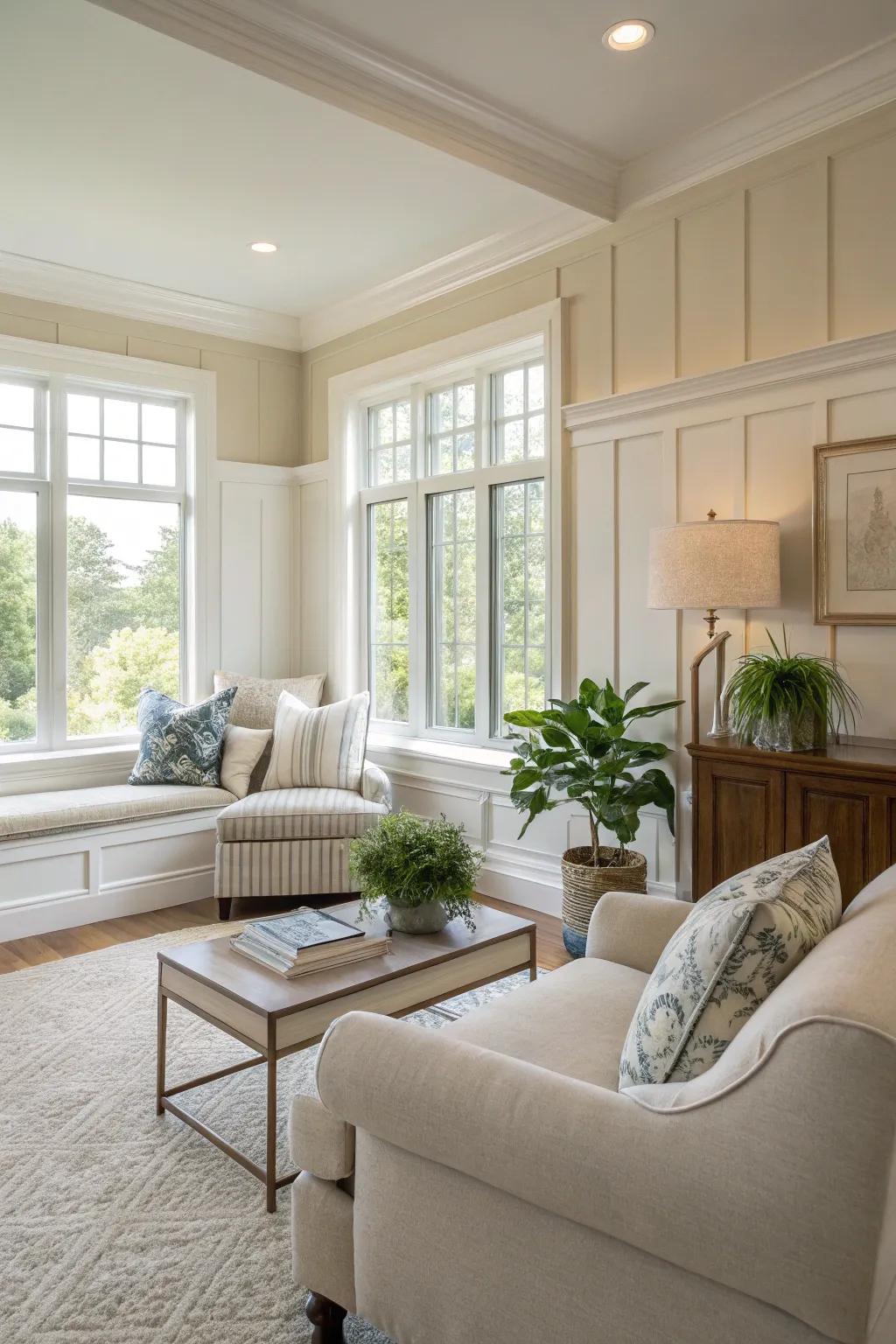 Subtle tones in wall paneling create a serene living space.
