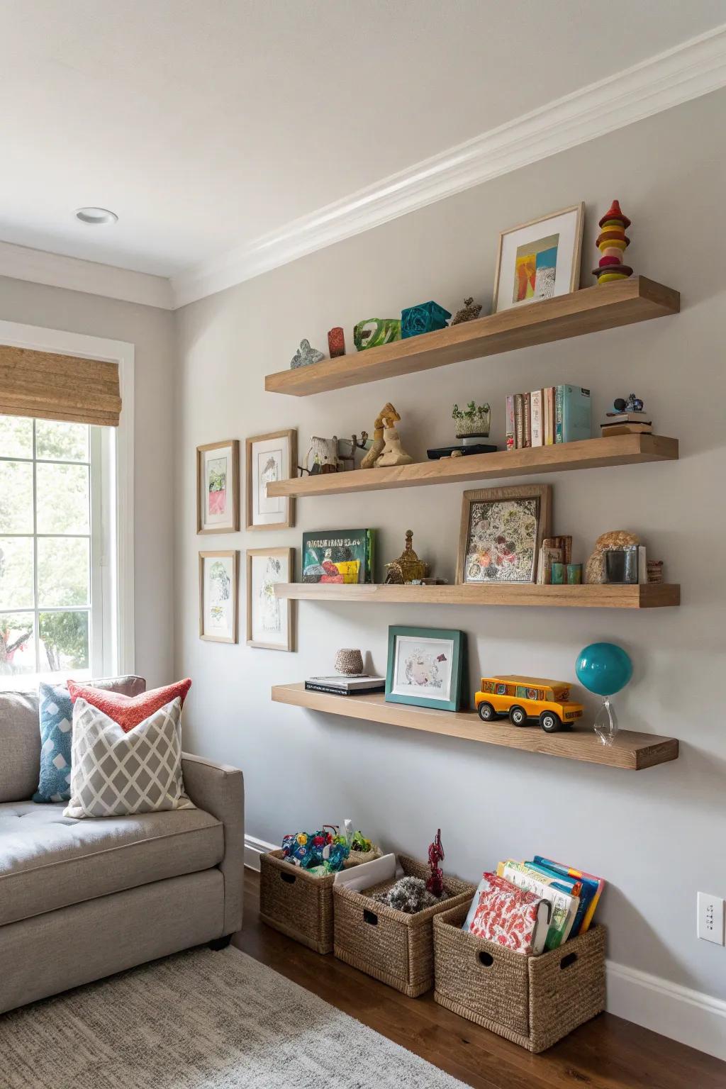 Shelves use wall space for storage.
