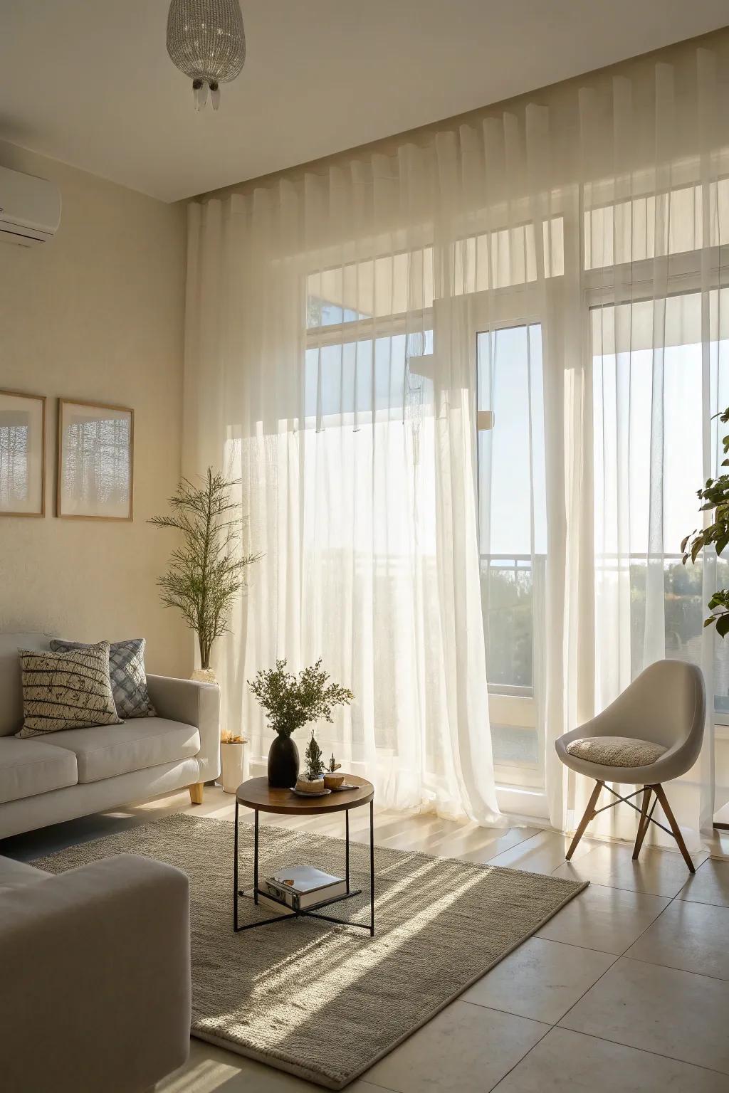 Fine curtains creating a gentle, inviting glow in the lounge.
