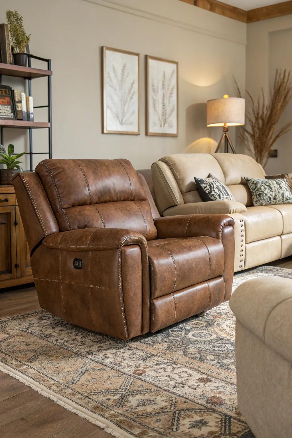 A textured living space showcasing a hide recliner and textile sofas.