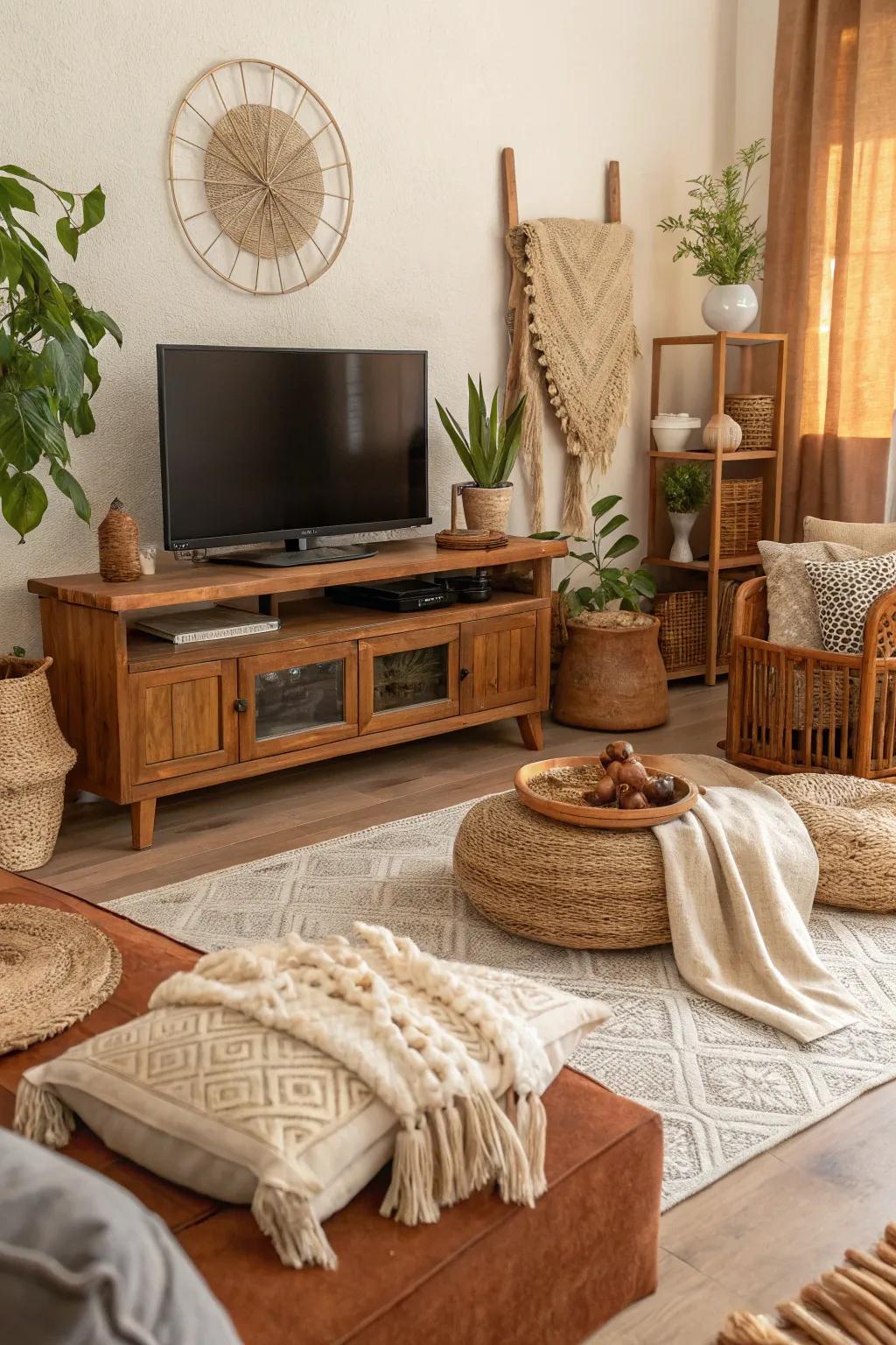 Earthy tones and textures craft a warm and inviting TV space.
