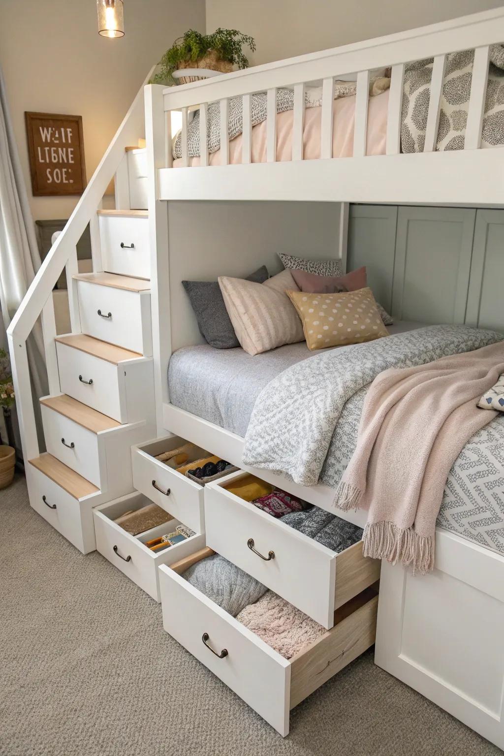 Staircases with storage compartments offer a fashionable and functional loft bed design.
