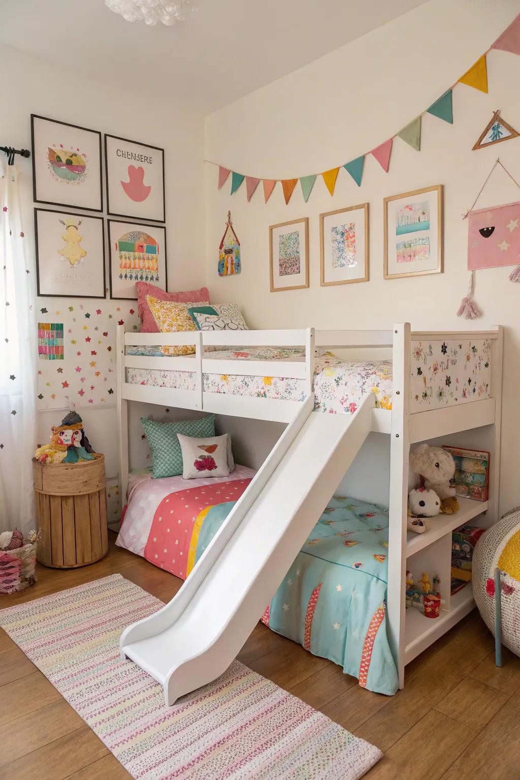 A raised sleeping platform with a slide adds fun and functionality to a child's room.