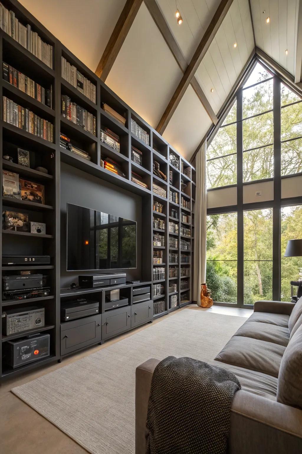 Vertical storing expands the area in a loft media room.