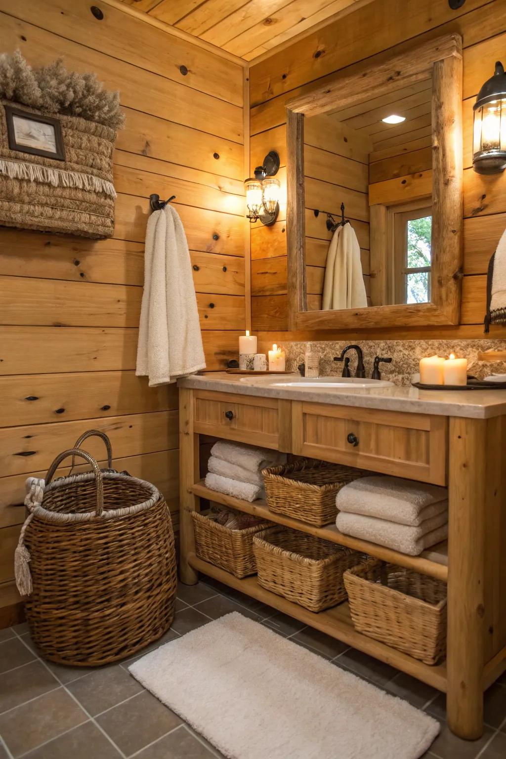A log cabin bathroom with comfortable decor.