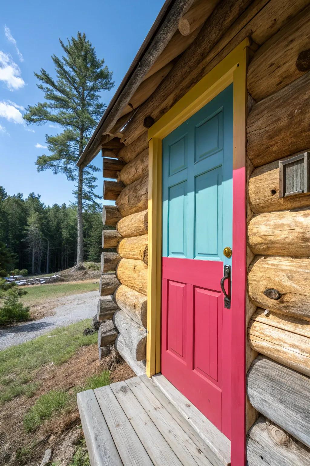 A vibrant painted cabin door standing out against the timber.
