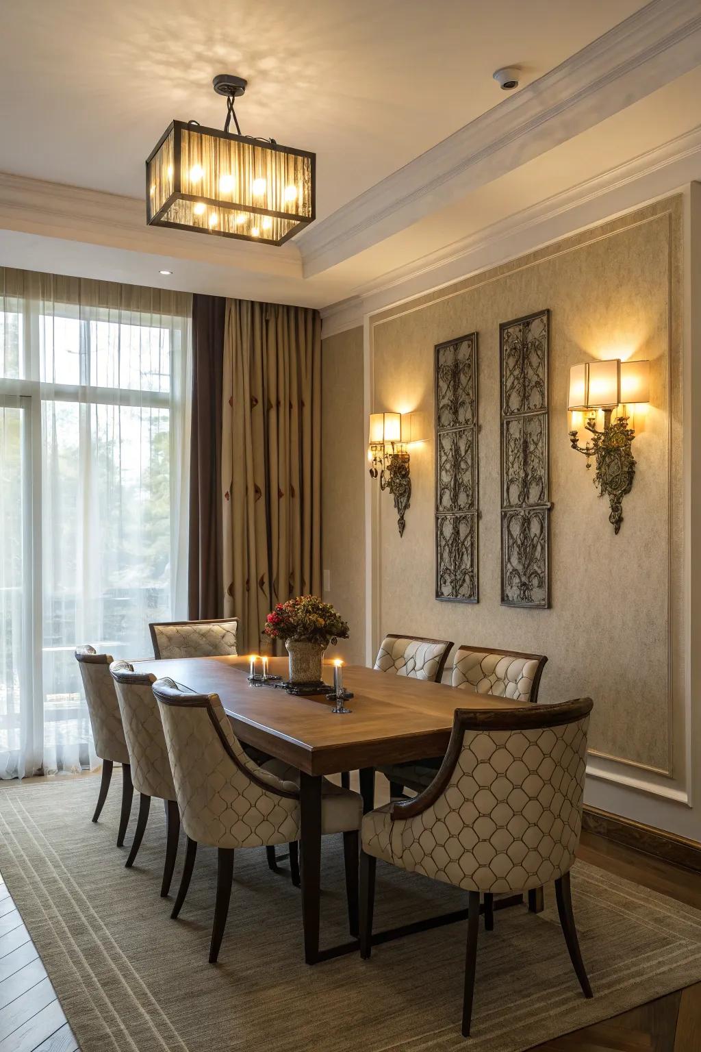 Wall lights enhance the look of this dining area.