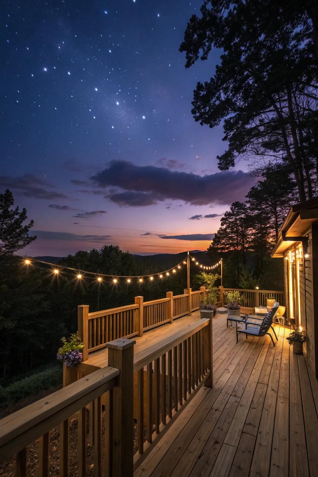An elevated deck lit with ambient outdoor lighting at dusk.