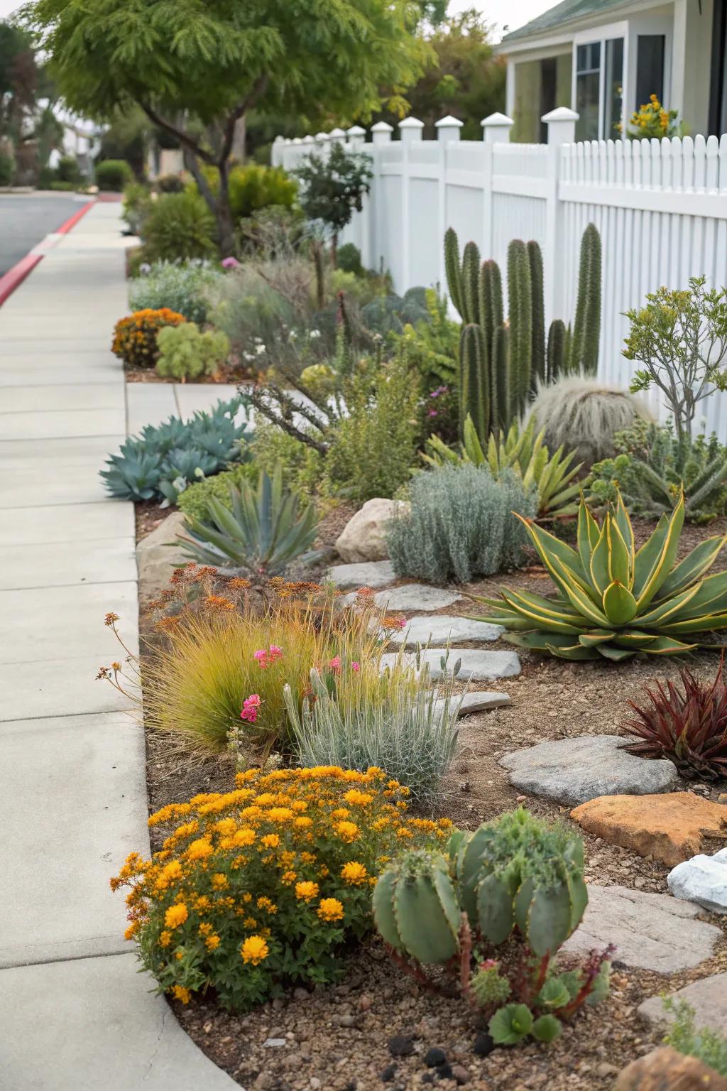 A mix of textures and colors creates a vibrant and engaging xeriscape yard.