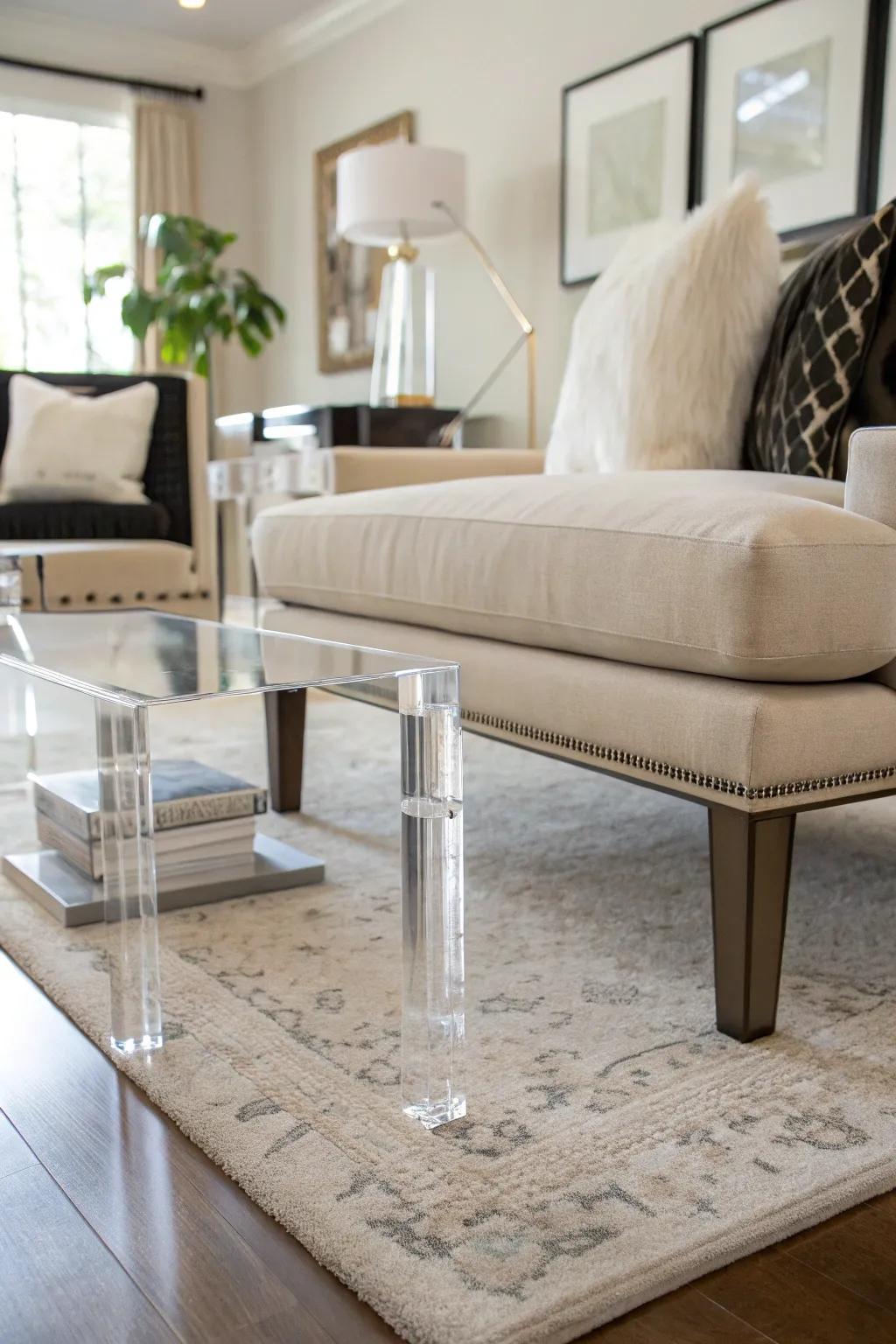 Crystal legs give furniture a floating appearance.