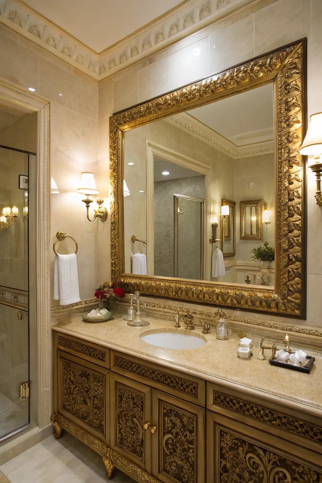 Elegant looking glasses heighten space and add luxury.