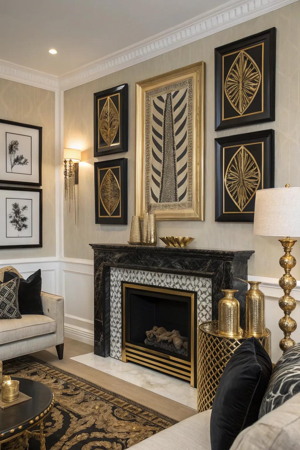 Striking dark and metallic artwork improving the room's beauty.