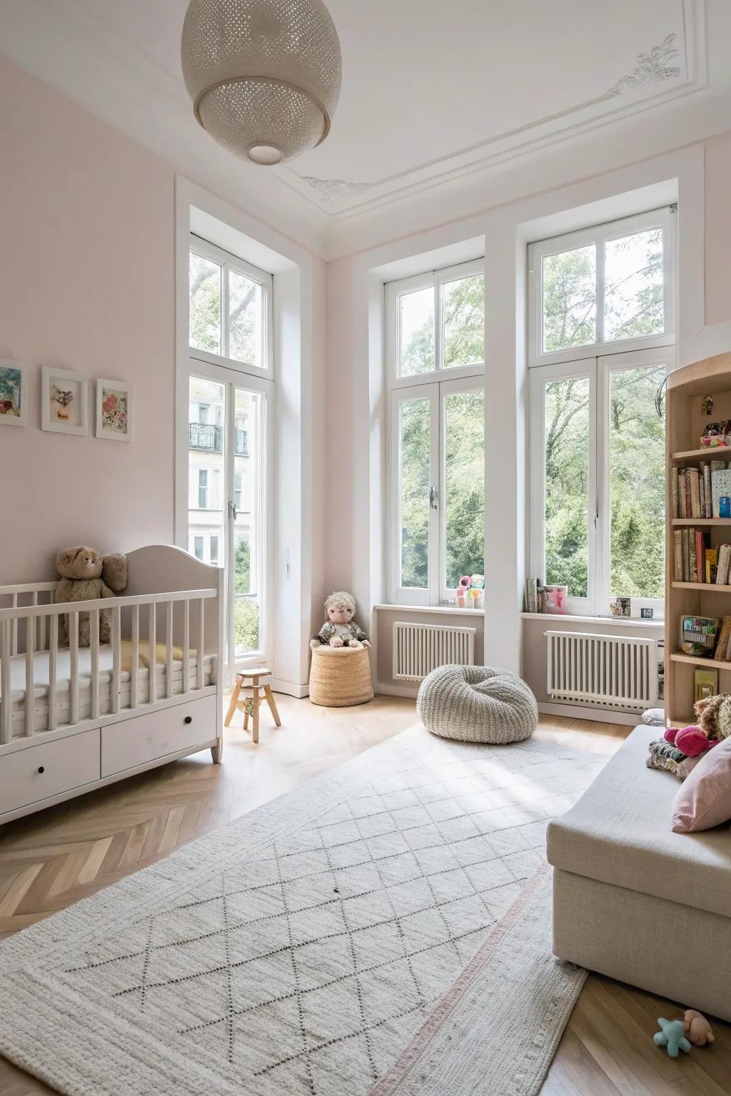 A nursery designed with a generous arrangement, providing an airy and serene environment.