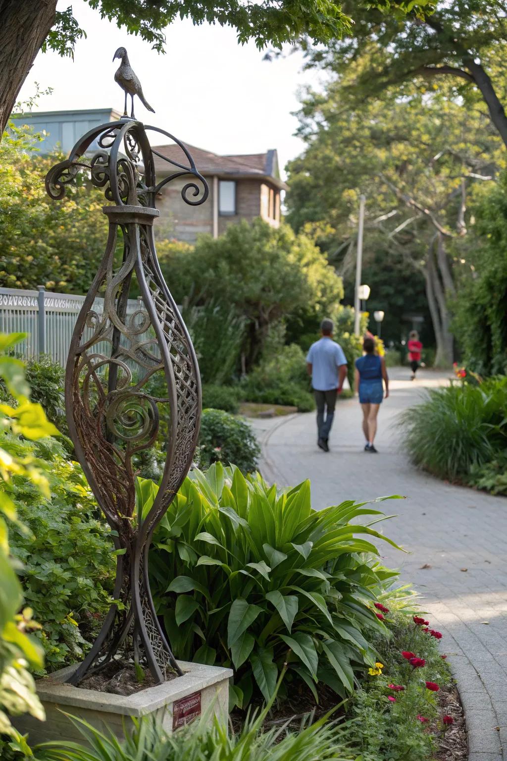 An artistic sculpture lending personality to the entrance.