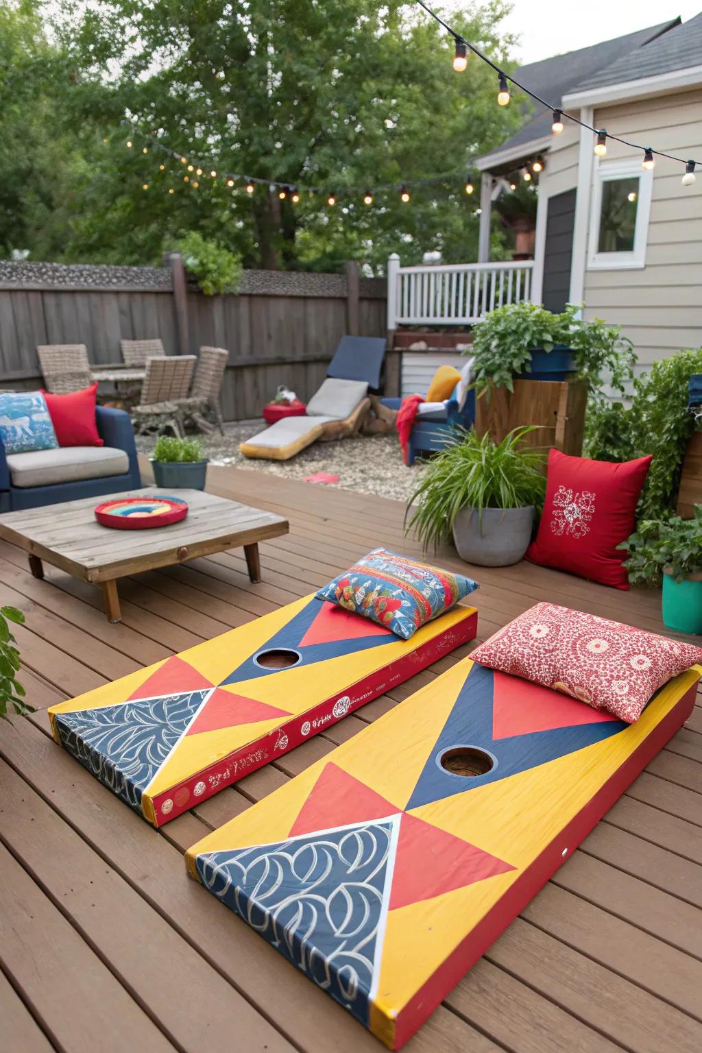 A bespoke bean bag toss game brings personalized fun to gatherings.