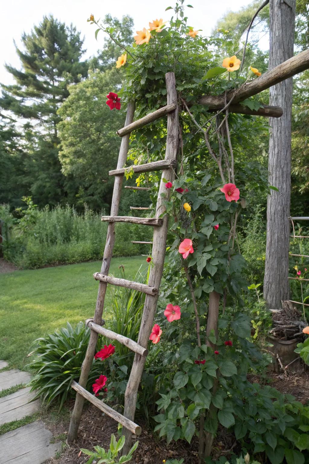 A rustic branch trellis provides an organic and sustainable means to exhibit mandevilla.