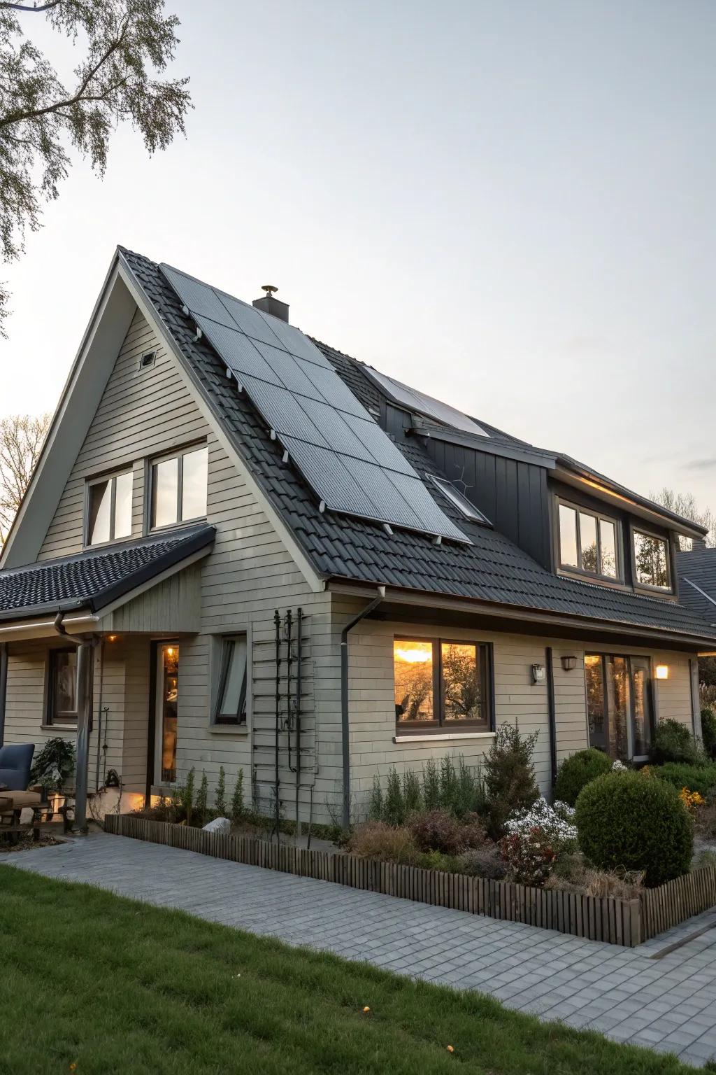 Solar panels on this mansard roof offer a sustainable solution.