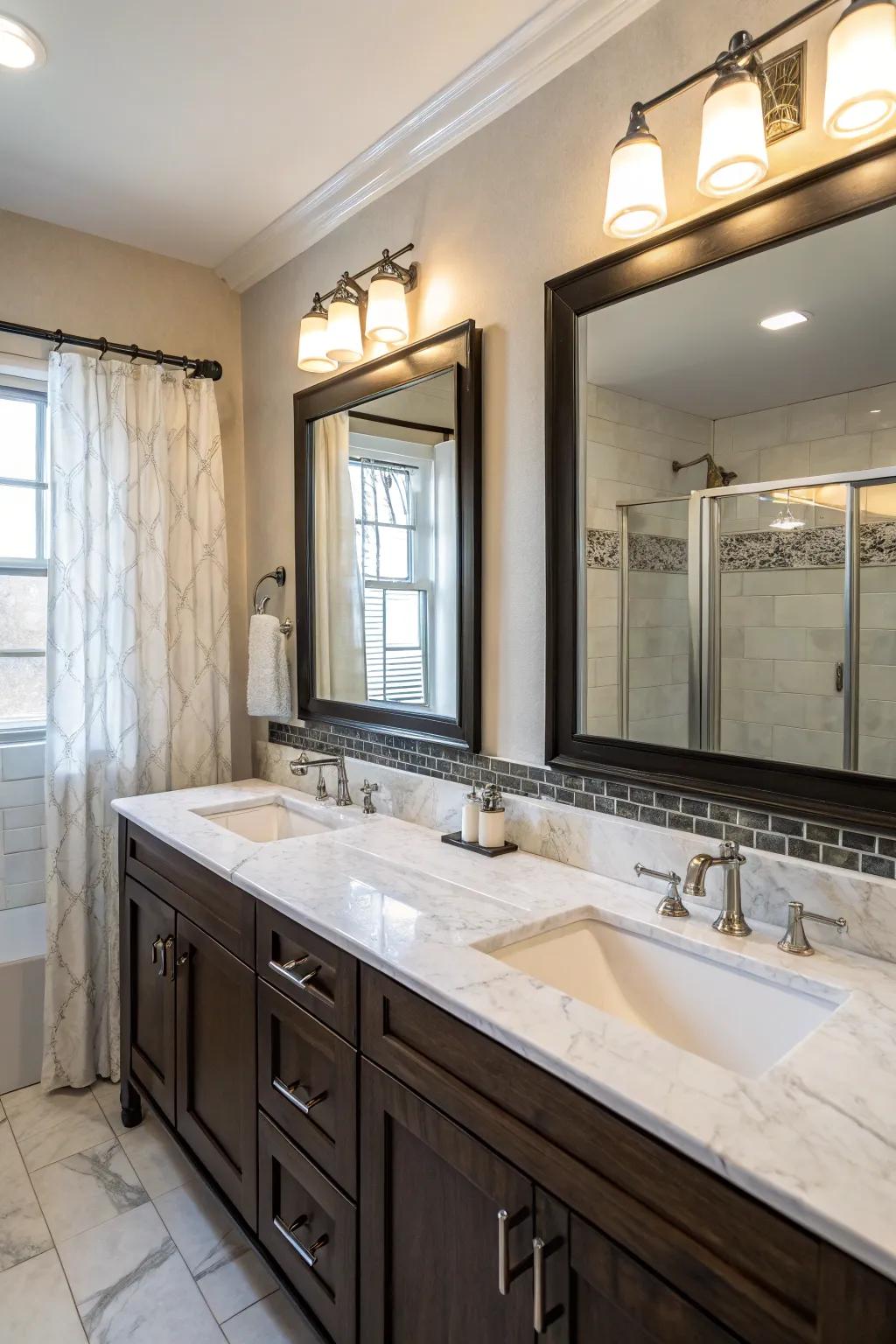 A roomy dual vanity with stone-look refined countertops offering both luxury and practicality.