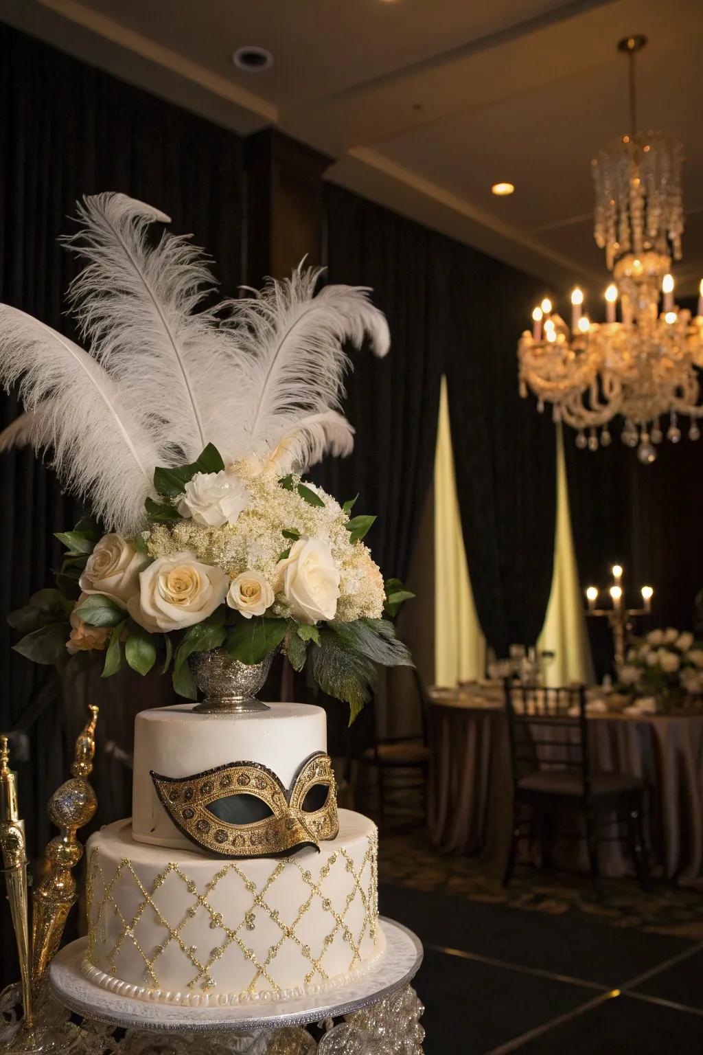 Plume decorations adding drama and elegance to the decor.