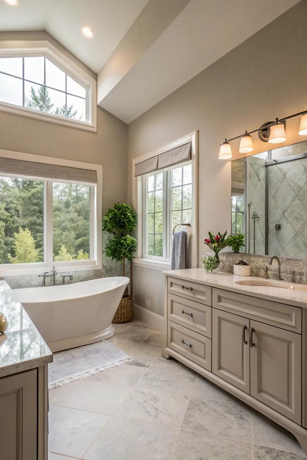 Neutral tones create a soothing and timeless atmosphere in this master bathroom.