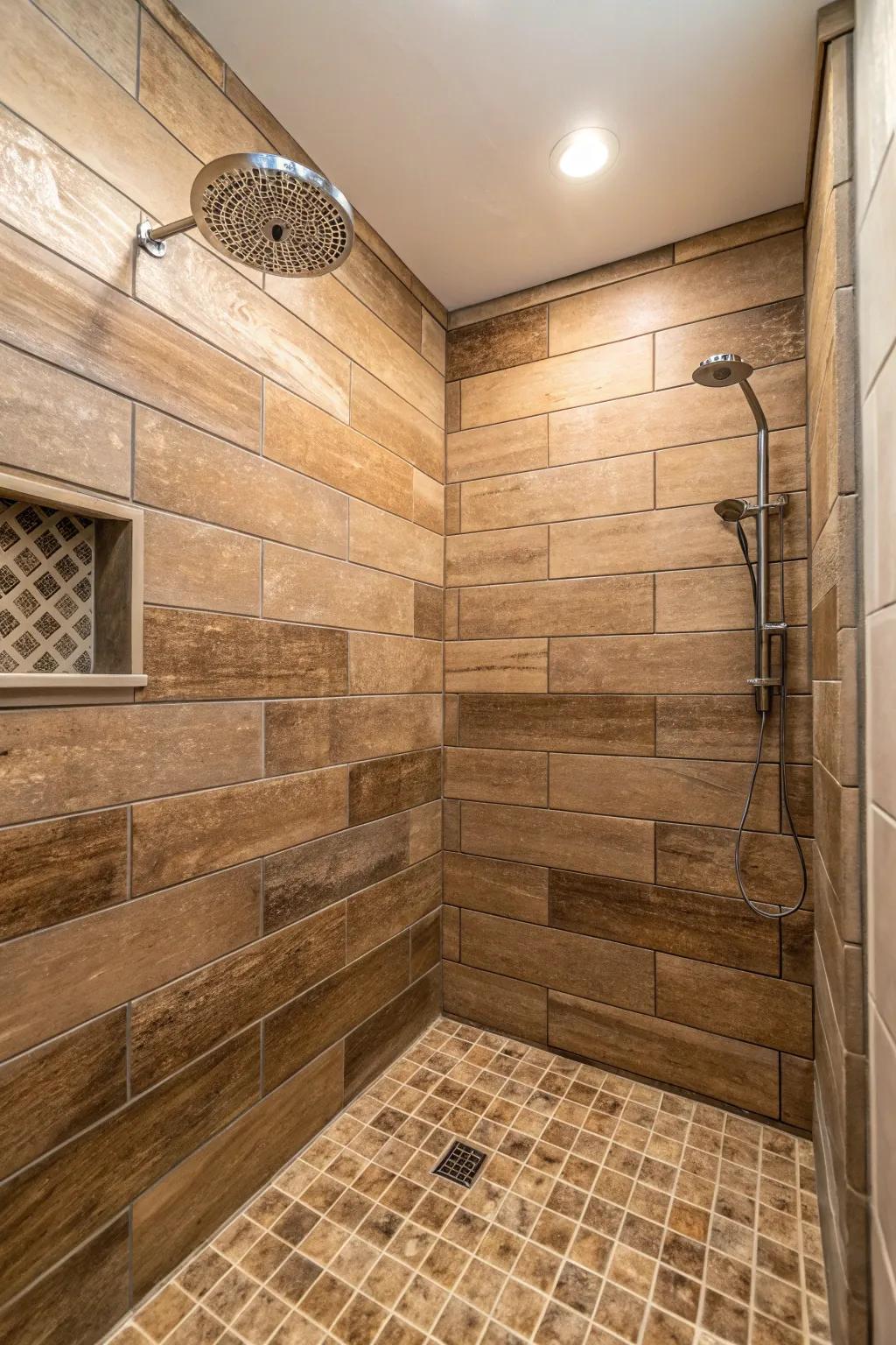 A shower decorated with tree-like pavers, encouraging a toasty, inviting sentiment.