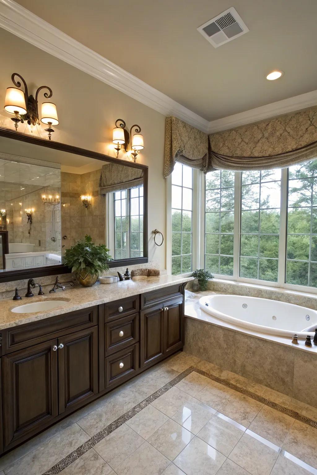 Coordinated vanities enhance the design around the jacuzzi tub.