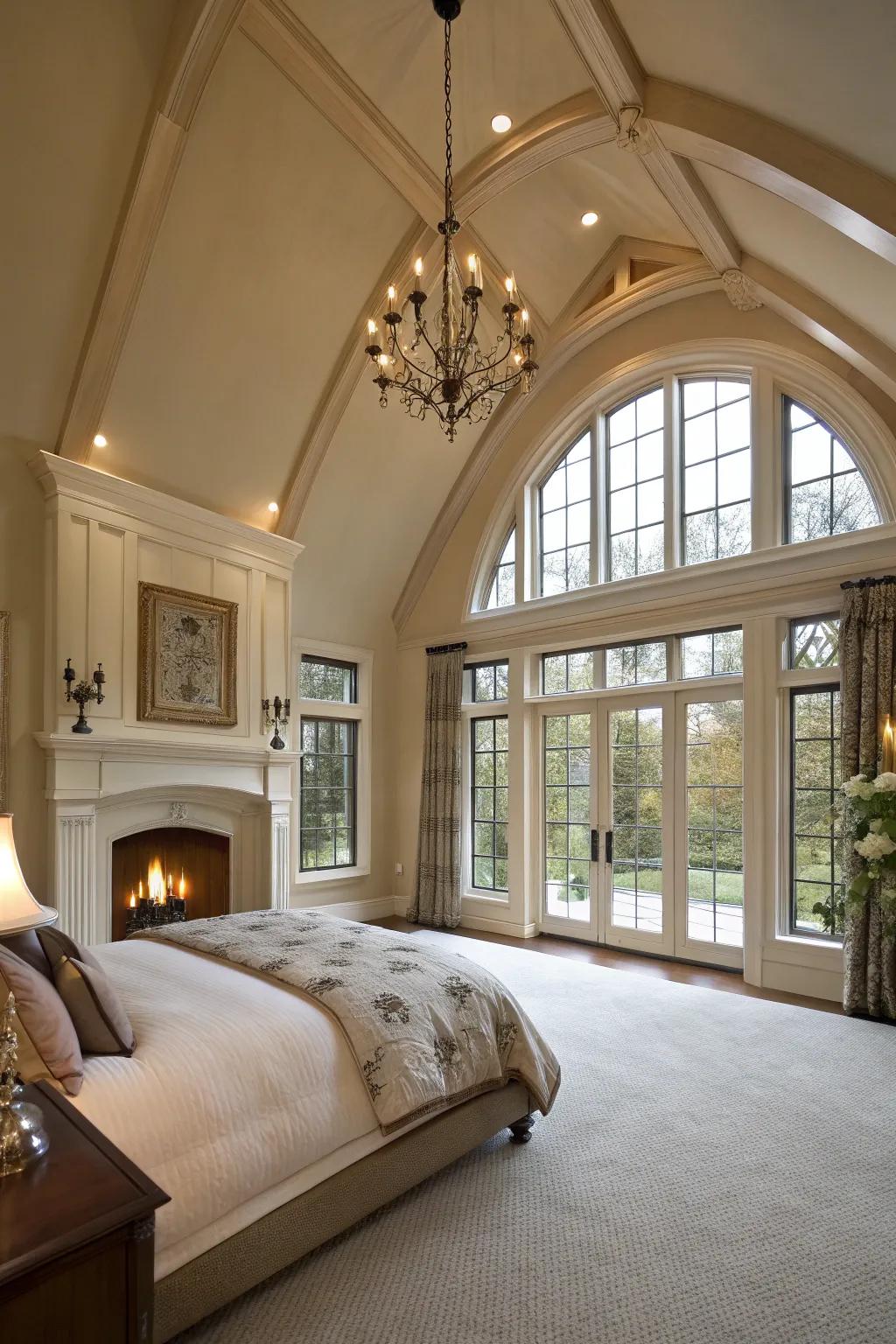 Architectural details like vaulted ceilings enhance the fireplace's presence.