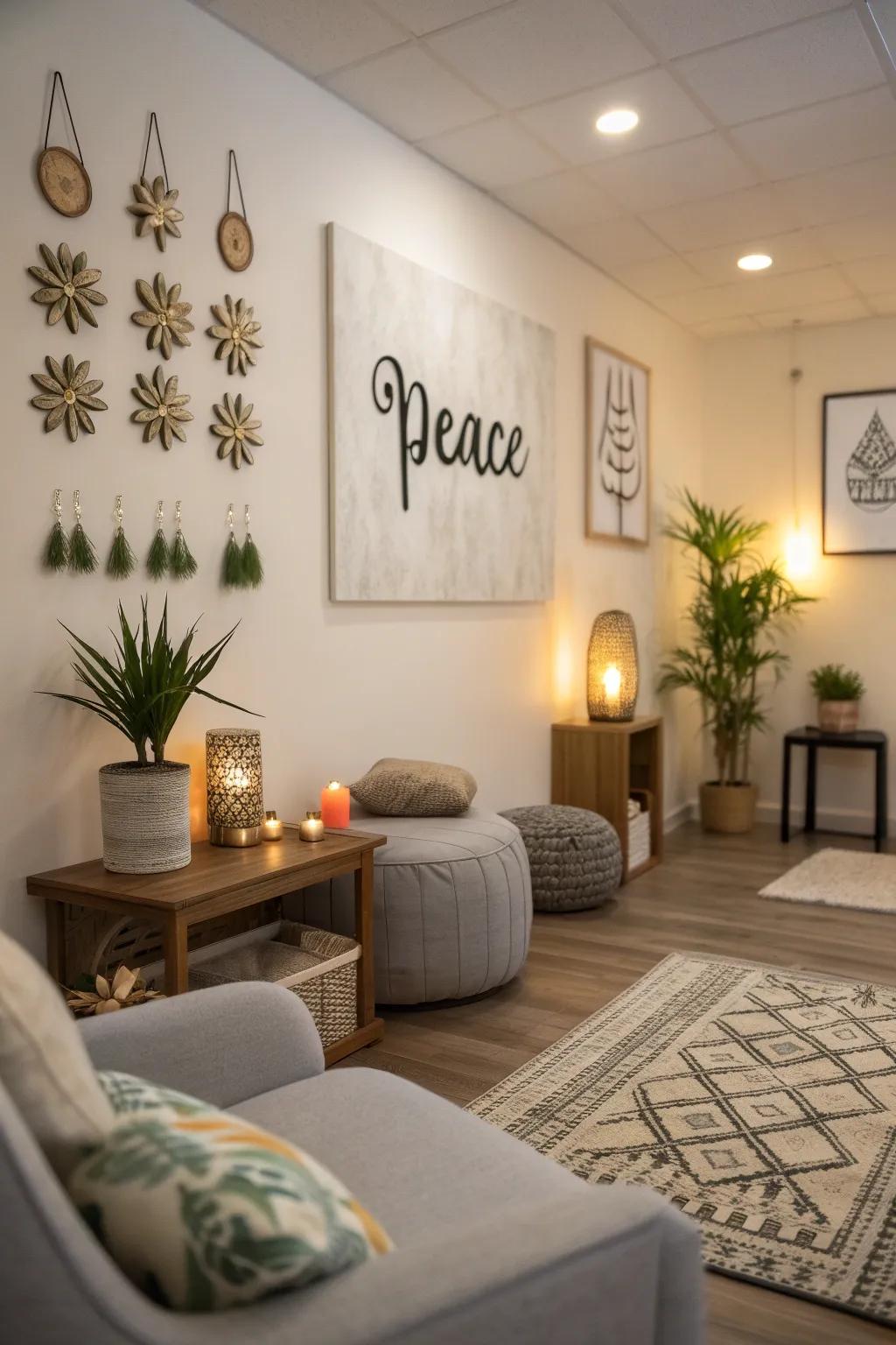 A meditation space showcasing inspiring quotes and artwork.