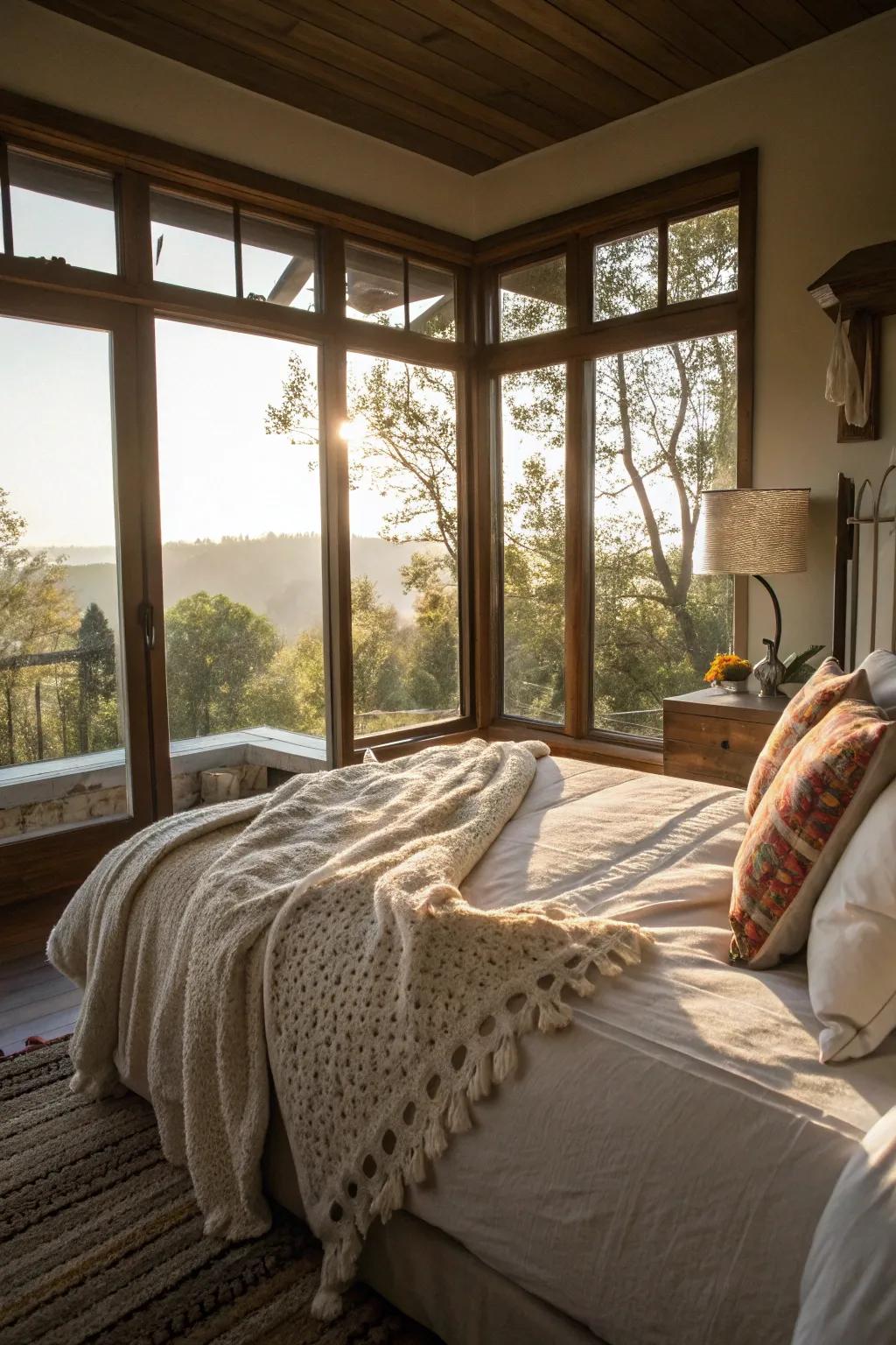 A bedroom featuring expansive windows that allow abundant natural light.