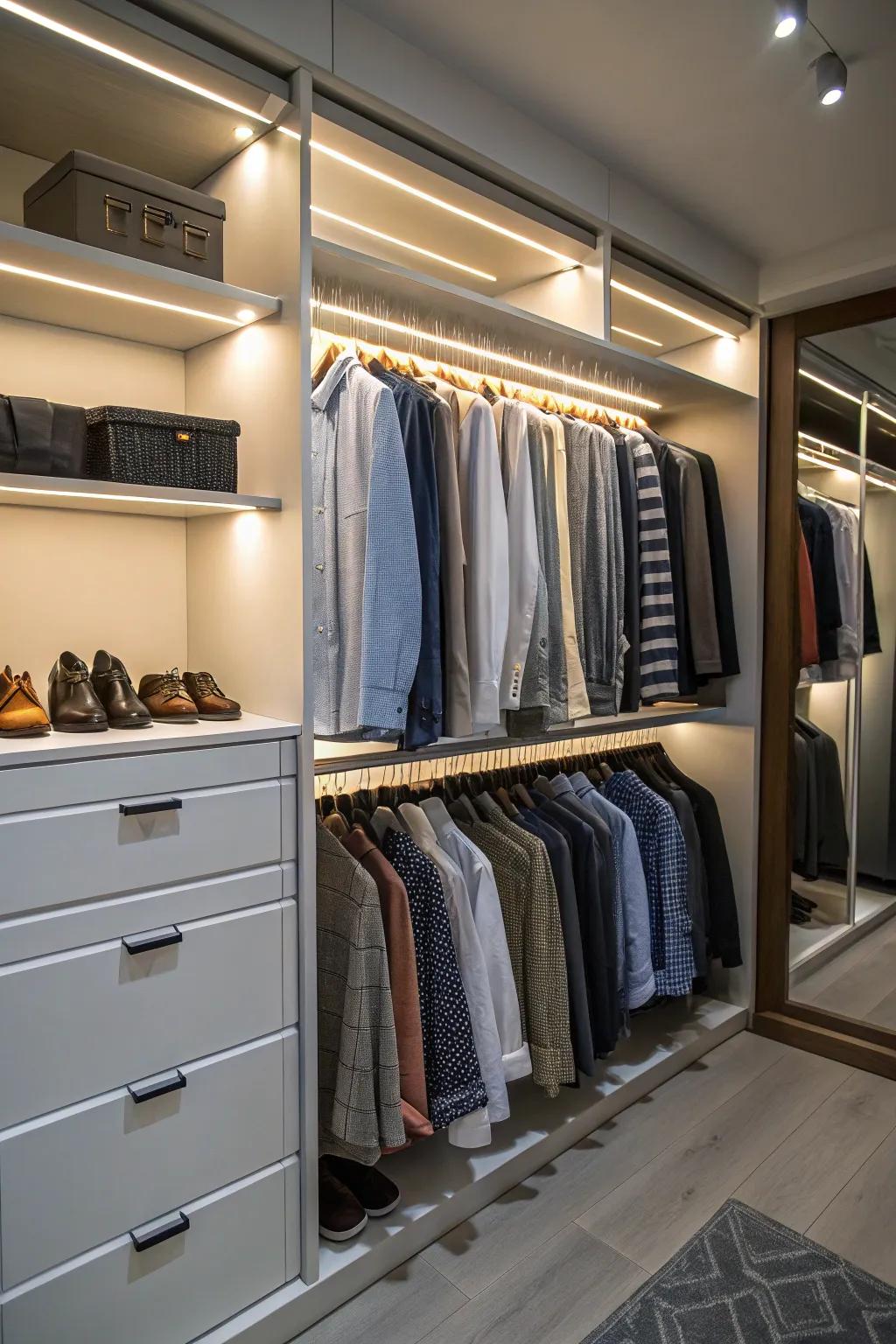 Well-lit closet space showcasing clothes and accessories.