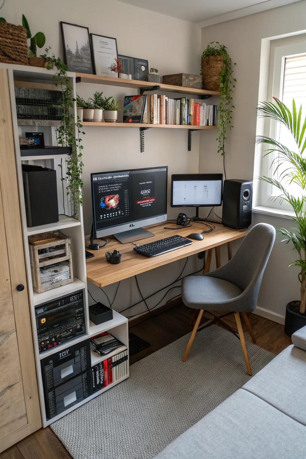 An organized tech setup enhances productivity in this home office.