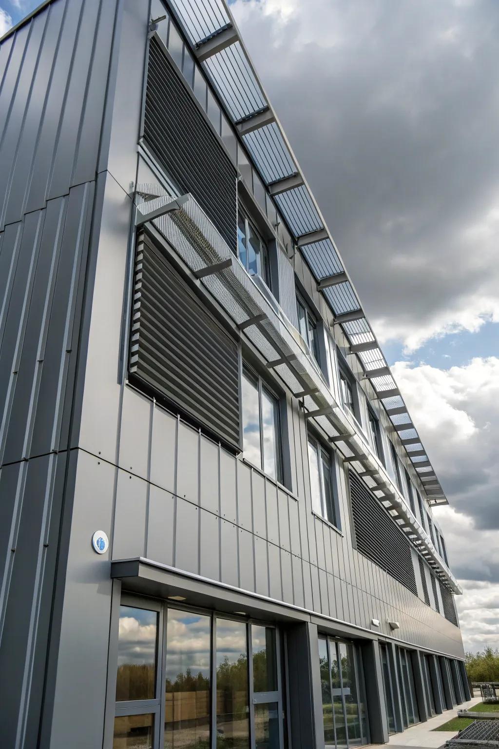 Practical elements like shading options enhance this metal facade.
