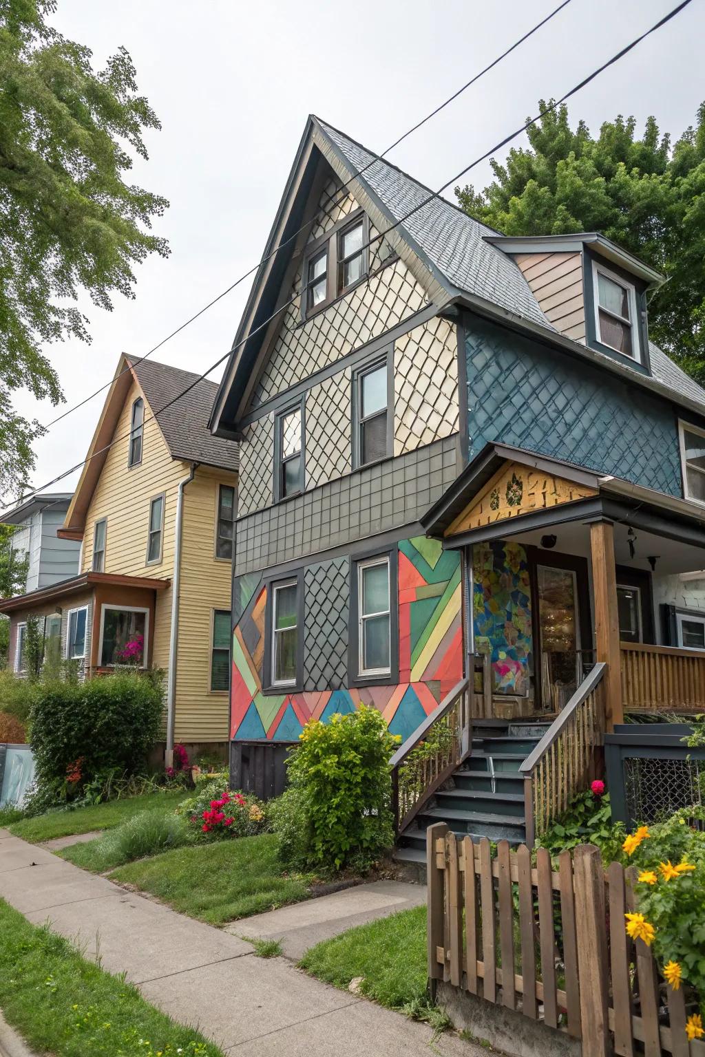A creatively designed home featuring metal cladding with symmetrical patterns.