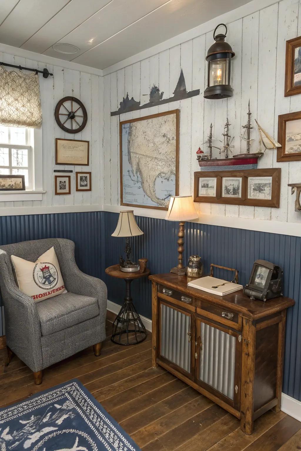 Fashion a maritime haven through metallic wall paneling as your foundation.