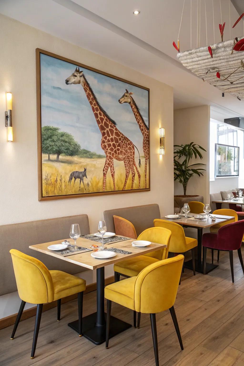 Chairs evolve into giraffes, adding a playful touch.