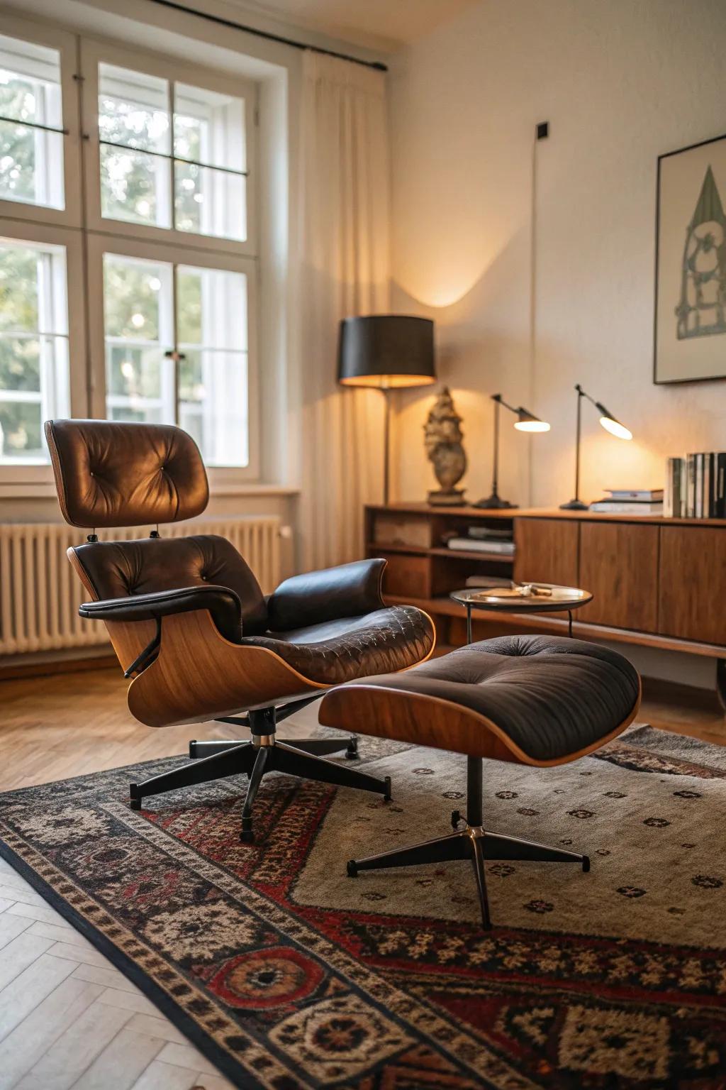 An iconic Wilson chair adds history and design excellence to this mid-century modern living room.