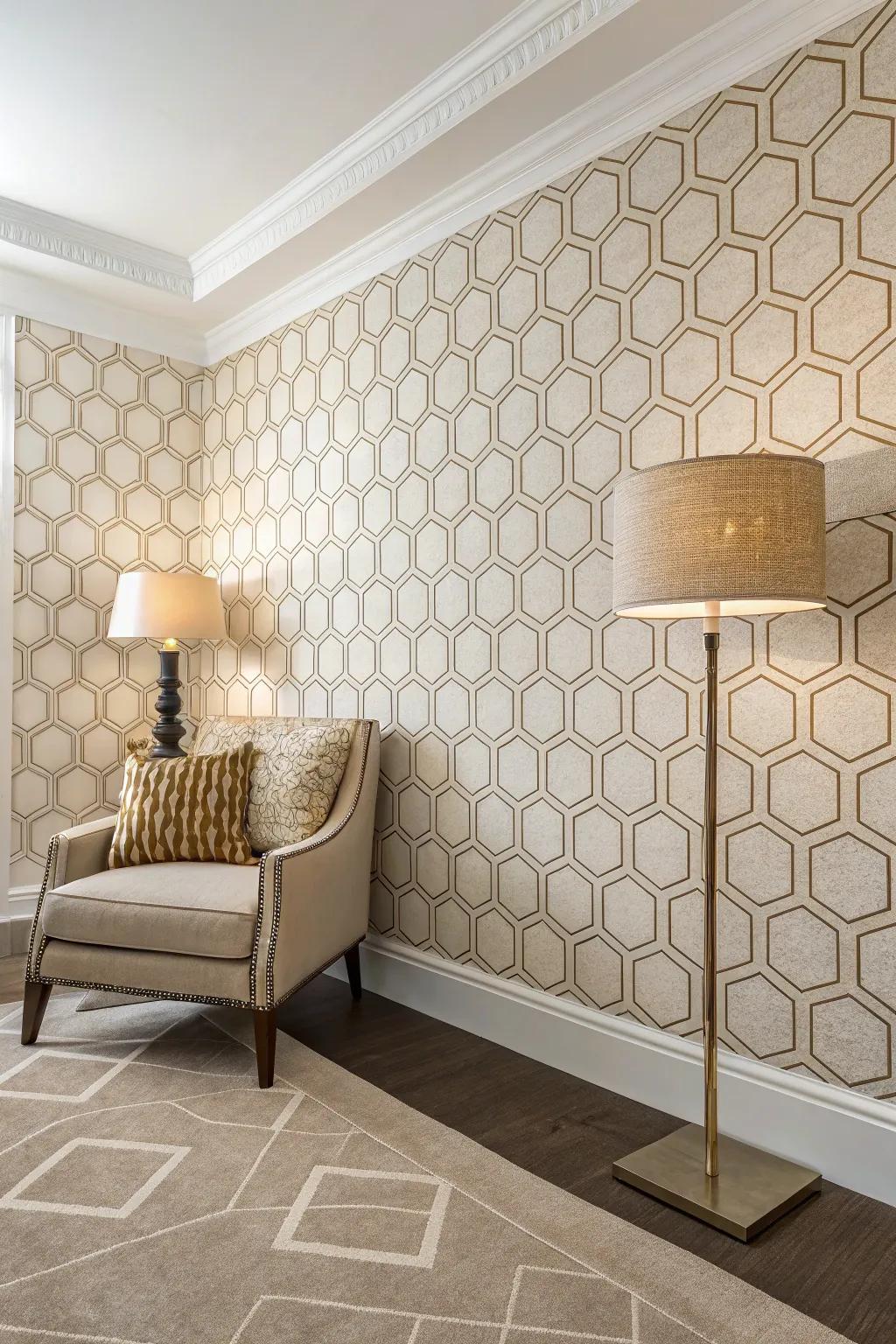 Modern room with honeycomb pattern mid-century wallpaper.