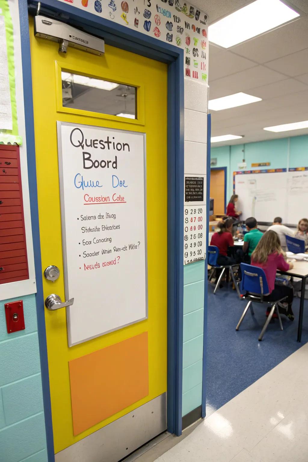 Interactive features on a classroom door to engage students.