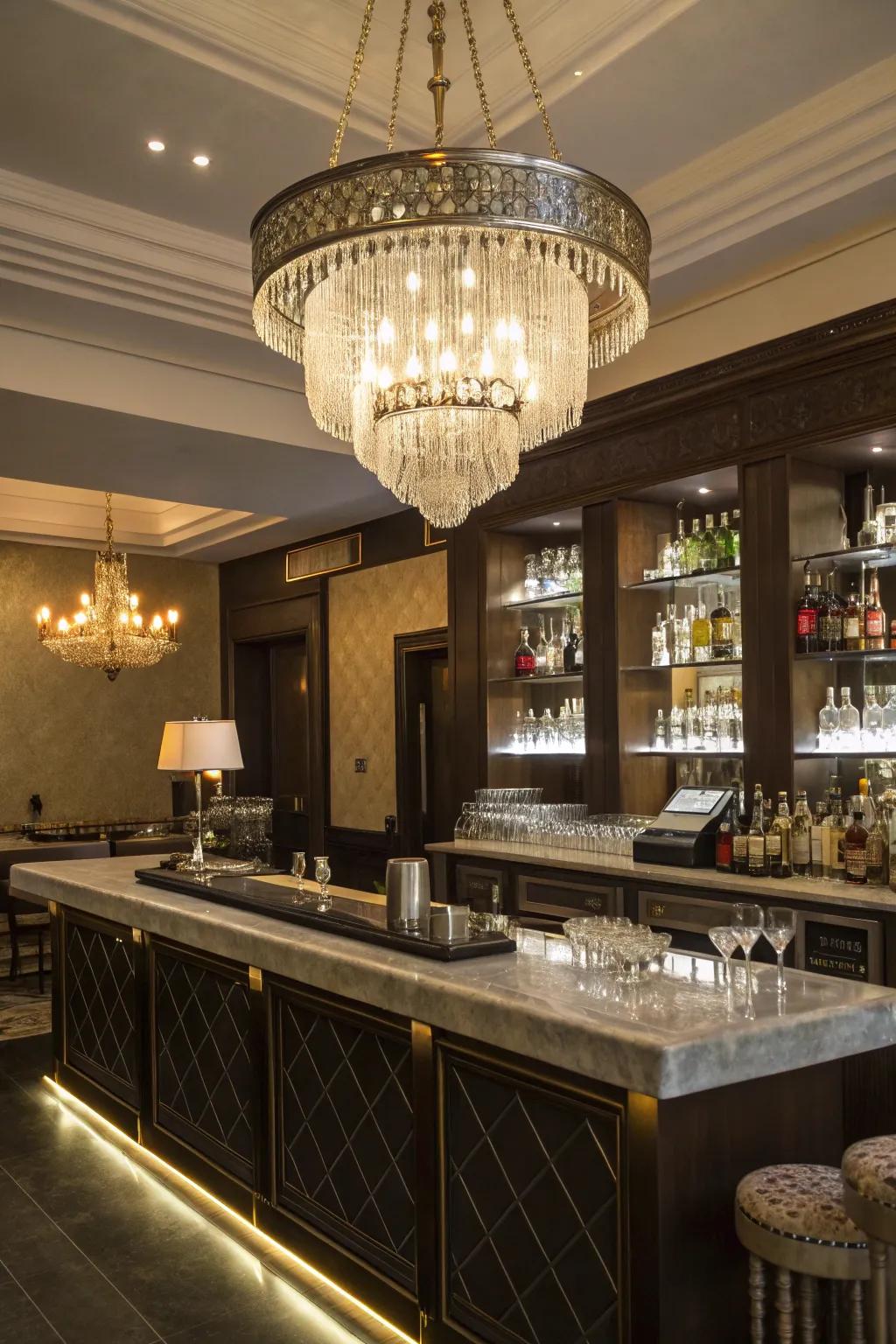 A chandelier adds elegance and luxury to the mini bar.