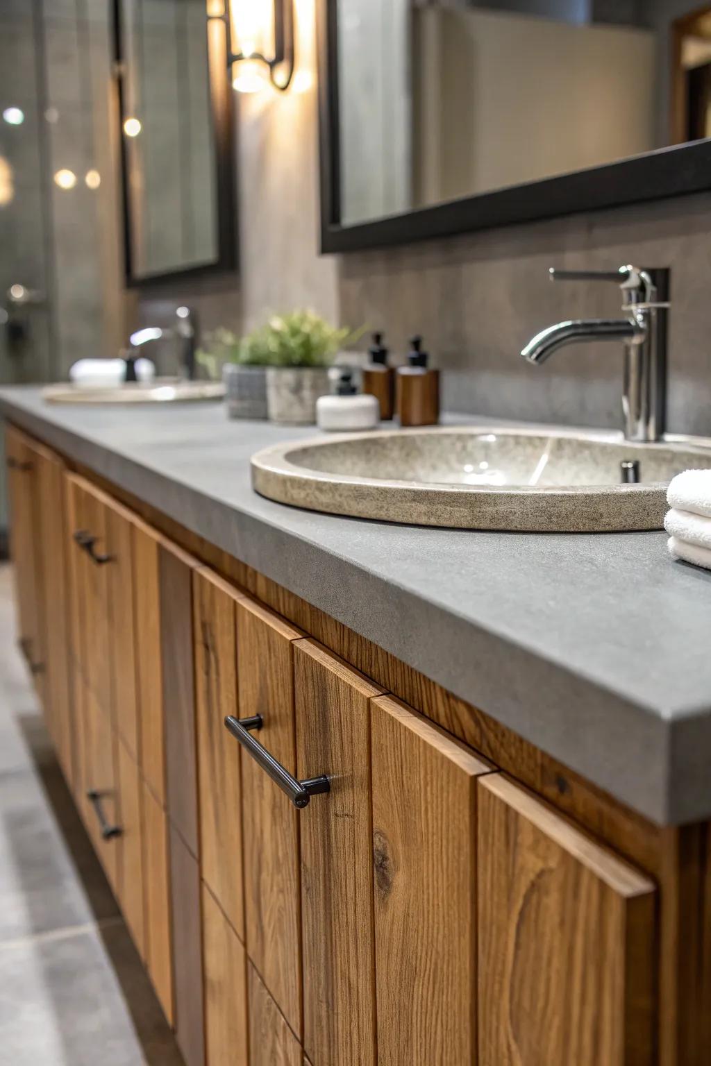 A blend of tactile elements elevates the minimalist bathroom décor.