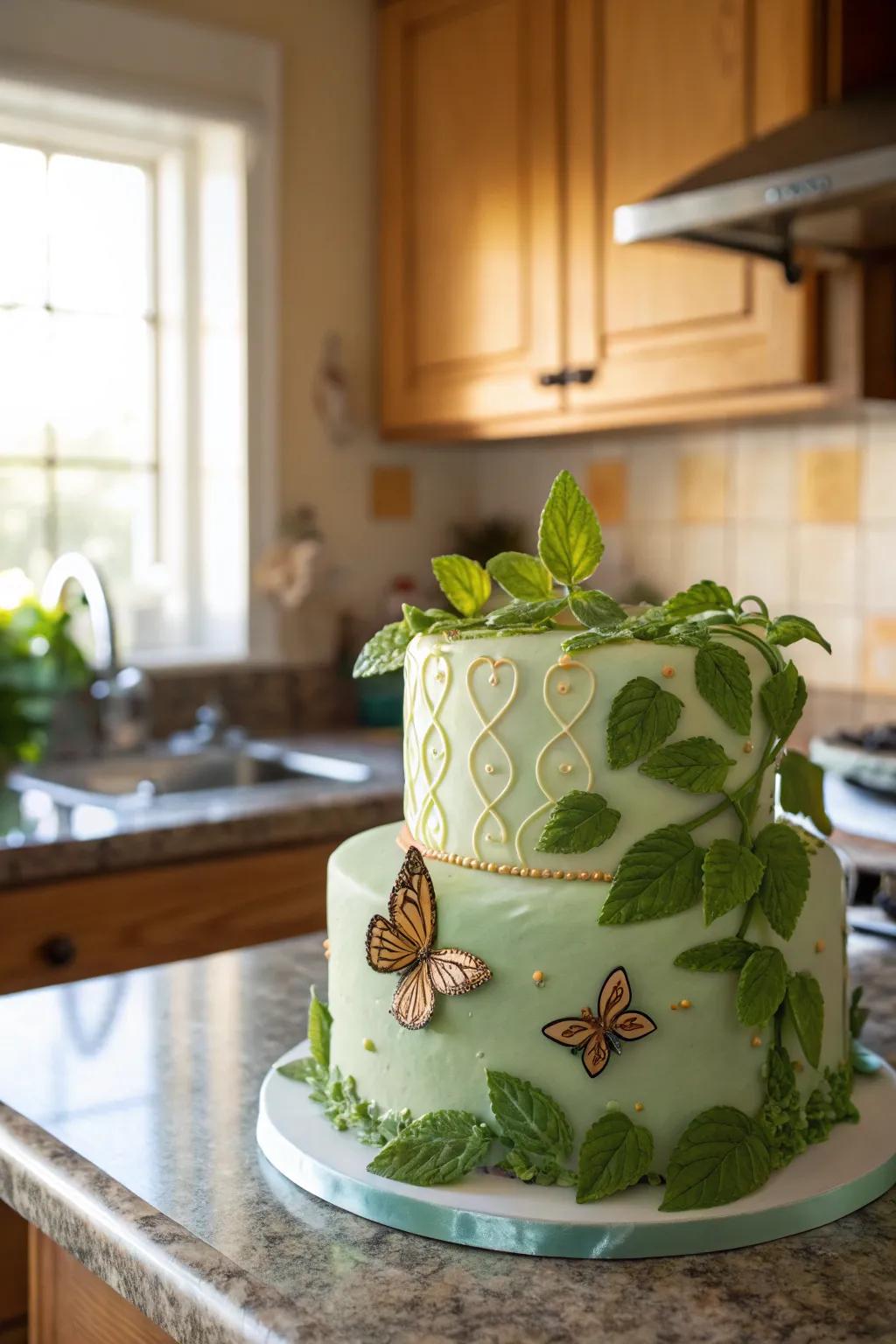A turquoise cake featuring natural components for a whimsical feel.