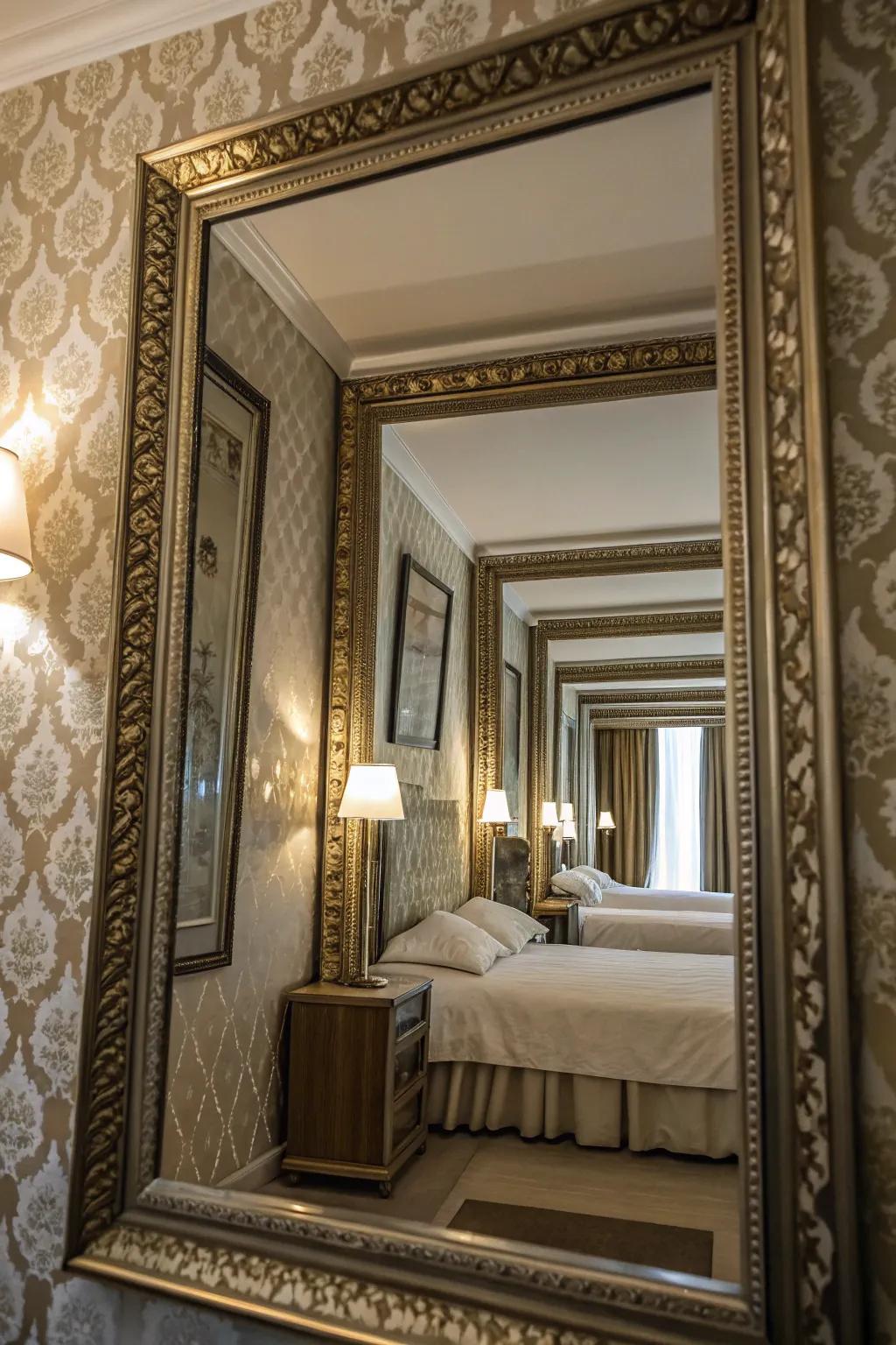 Layering mirrors over wallpaper enriches depth and visual allure.